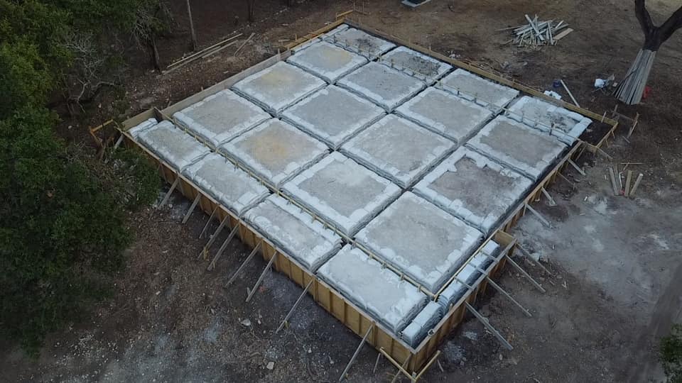 Aerial view of a formed and poured foundation slab
